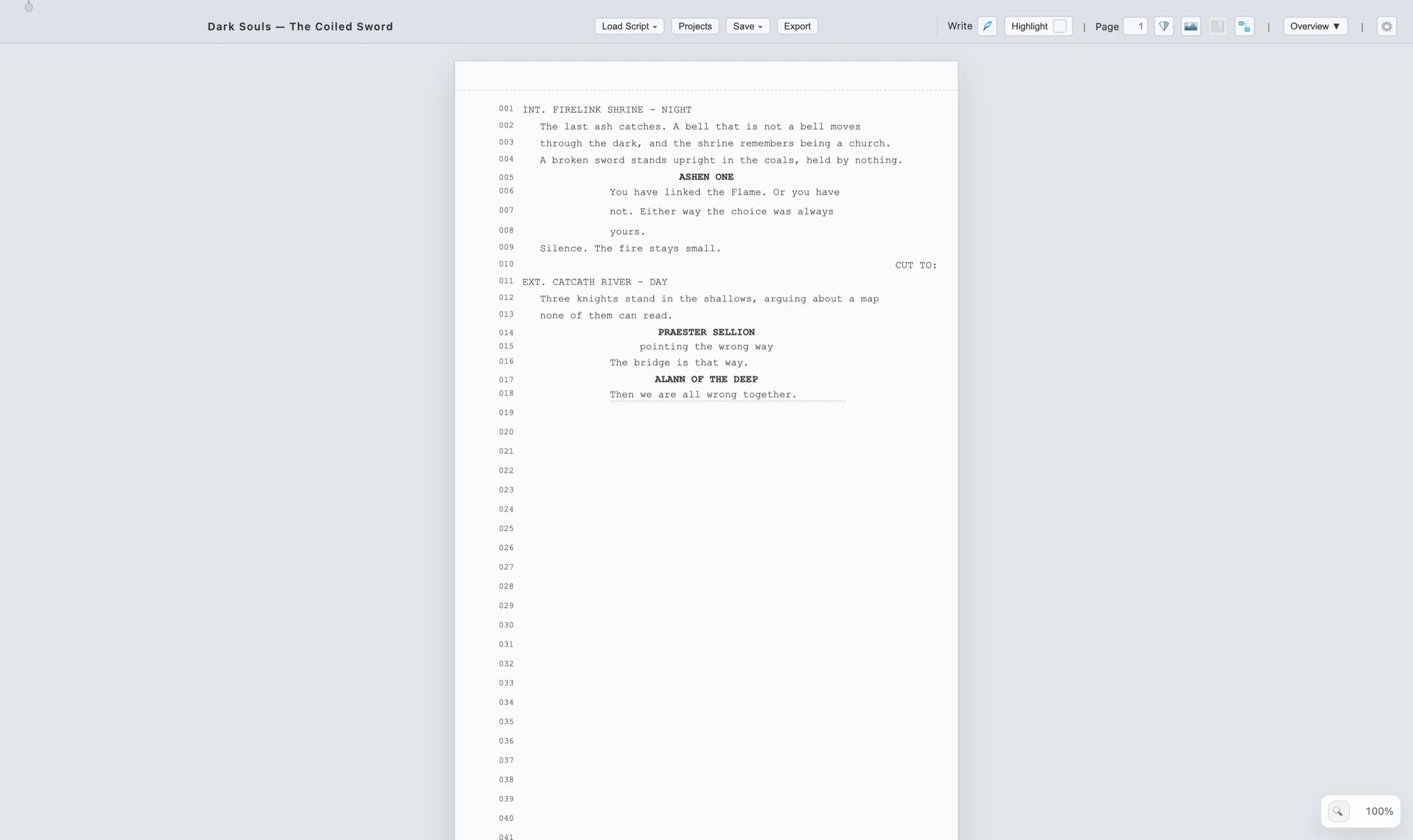 Write Mode showing a formatted screenplay page with scene heading, action, character cue and dialogue